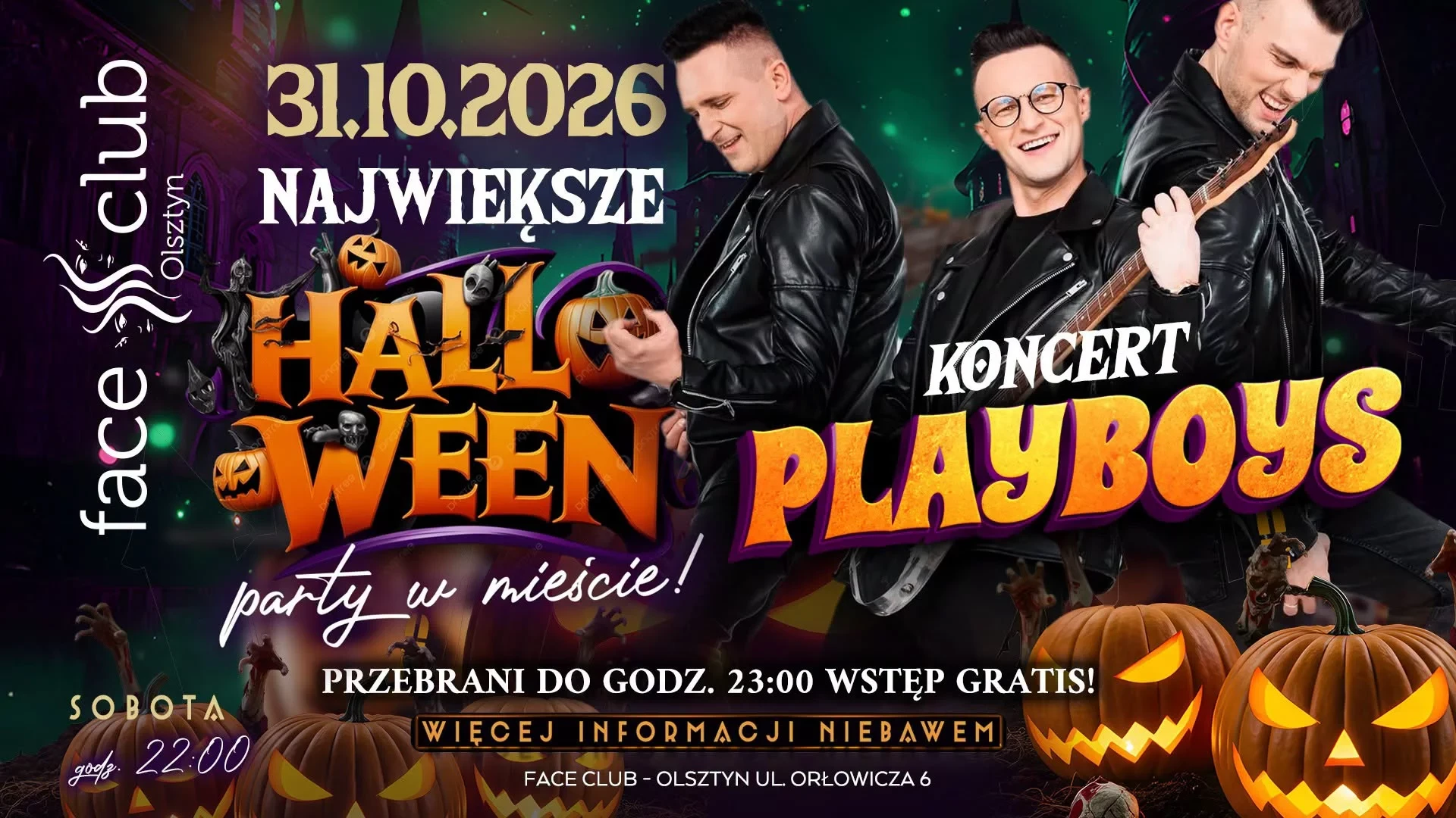 Plakat: Halloween w Face Club Olsztyn 2026 - koncert Playboys